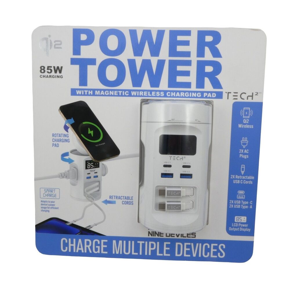 Tech Squared Power Tower Qi2 85W Wireless Charging Dock with Retractable Cords